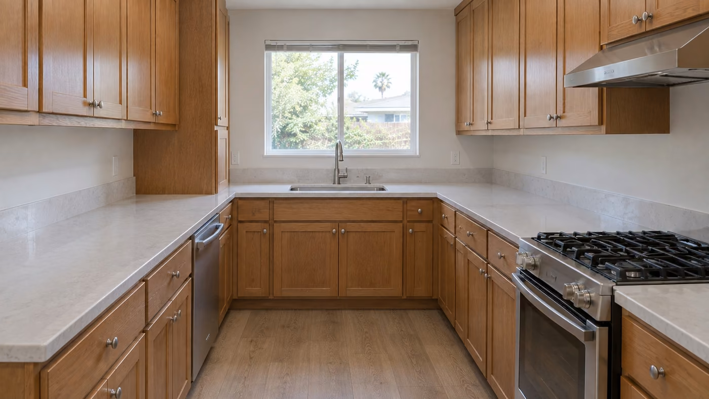 A kitchen with oak Shaker cabinets, pale gray stone counters with a short matching backsplash, a stainless undermount sink under a window and a stainless gas range