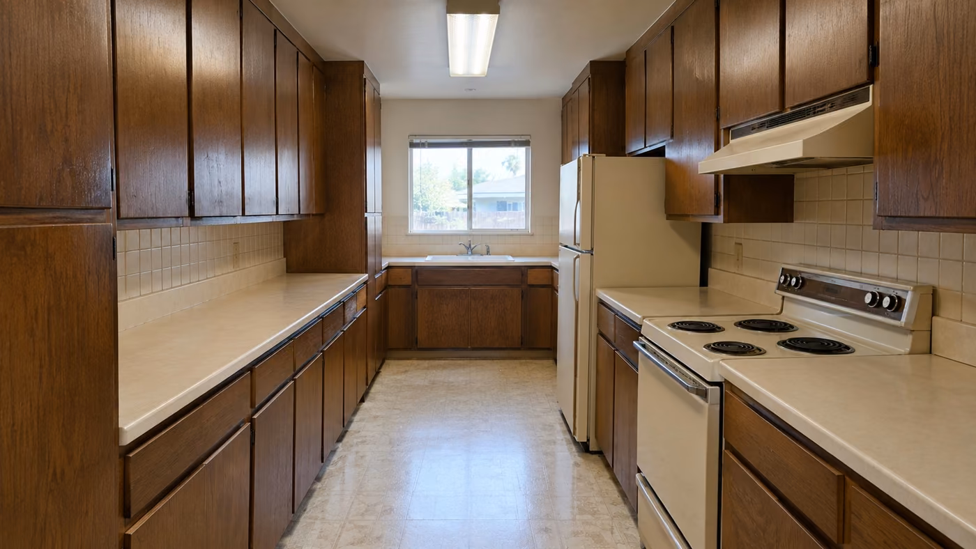 A narrow galley kitchen with dark stained wood cabinets on both sides, cream laminate counters, an almond range and refrigerator, square tile and a fluorescent ceiling light