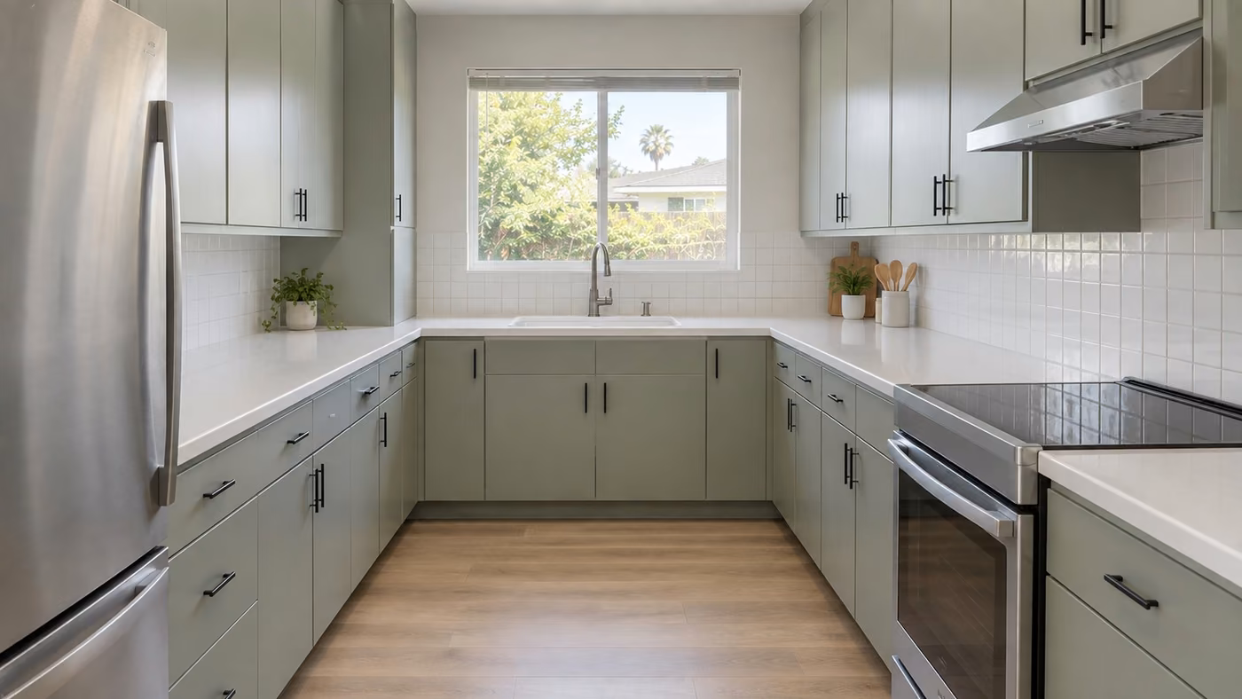 An L-shaped kitchen with sage green flat panel cabinets, black pulls, white counters, white square tile, a stainless range and refrigerator and light wood plank flooring