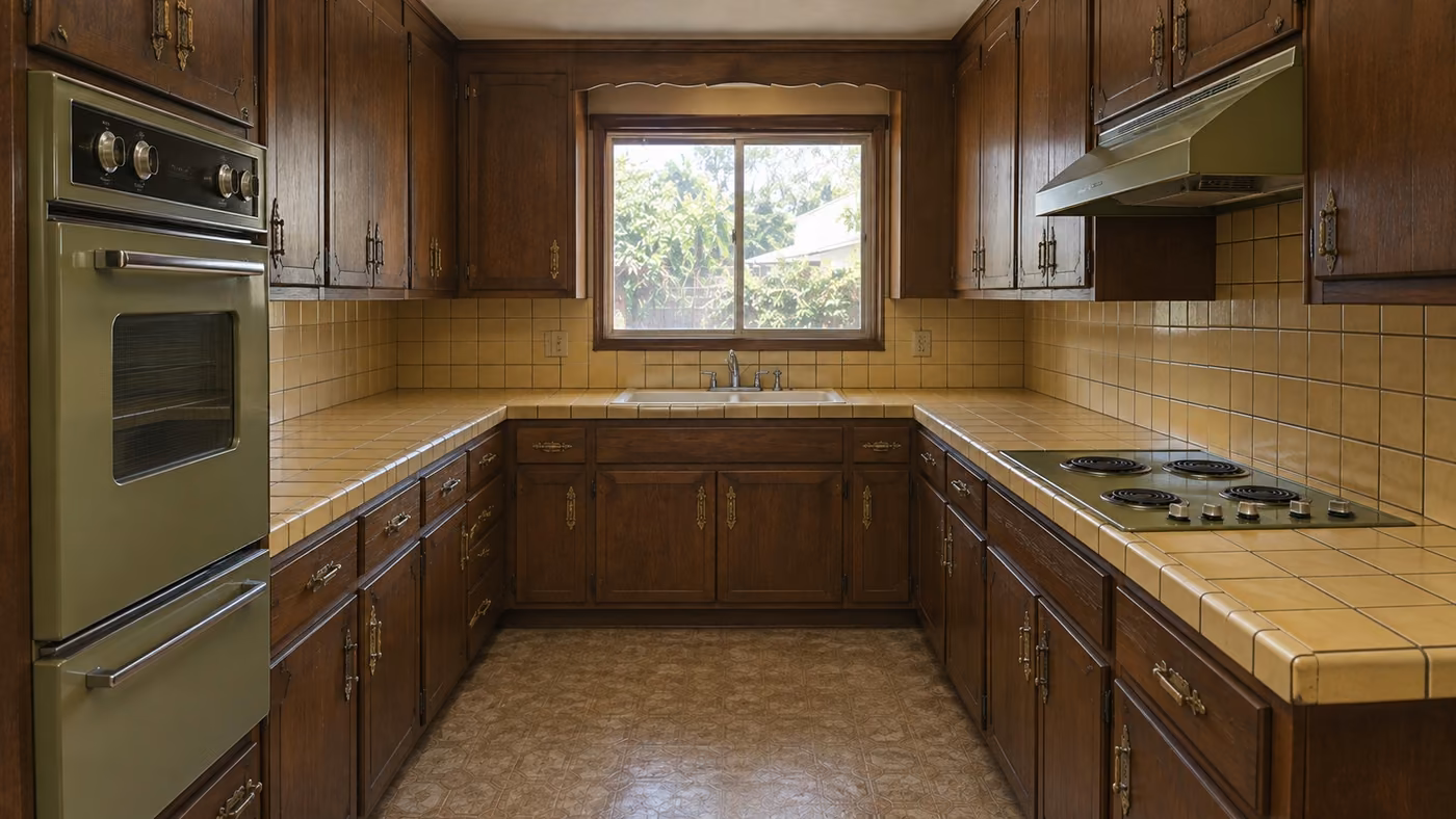 An original kitchen with dark wood cabinets and ornate brass pulls, yellow square tile counters and backsplash, an olive green double wall oven and a cooktop set into the tile