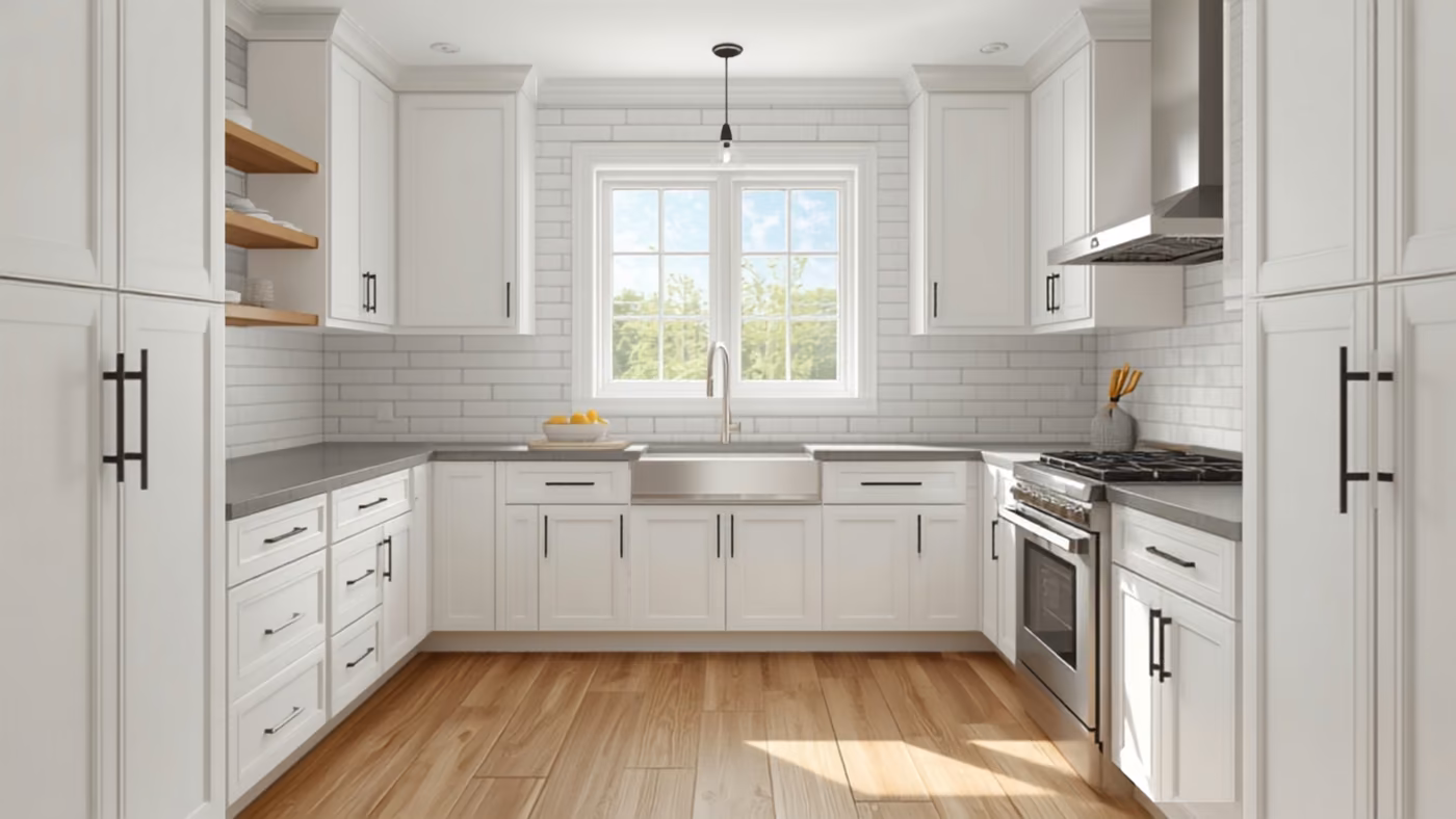 A finished ranch kitchen with warm white Shaker cabinets, gray stone counters, white offset subway tile and a stainless range hood