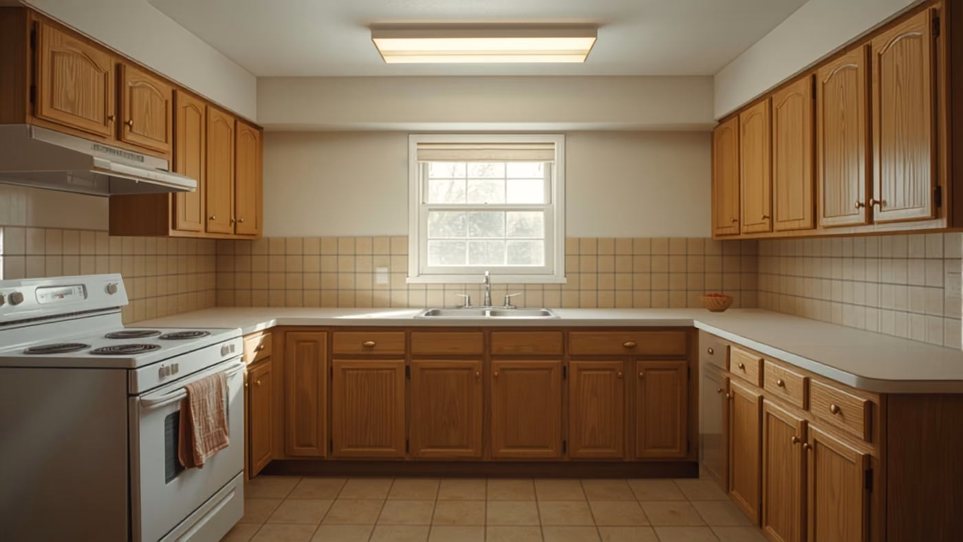 A dated L-shaped kitchen with honey oak cabinets, a white electric range, cream laminate counters and square beige tile under a fluorescent ceiling light