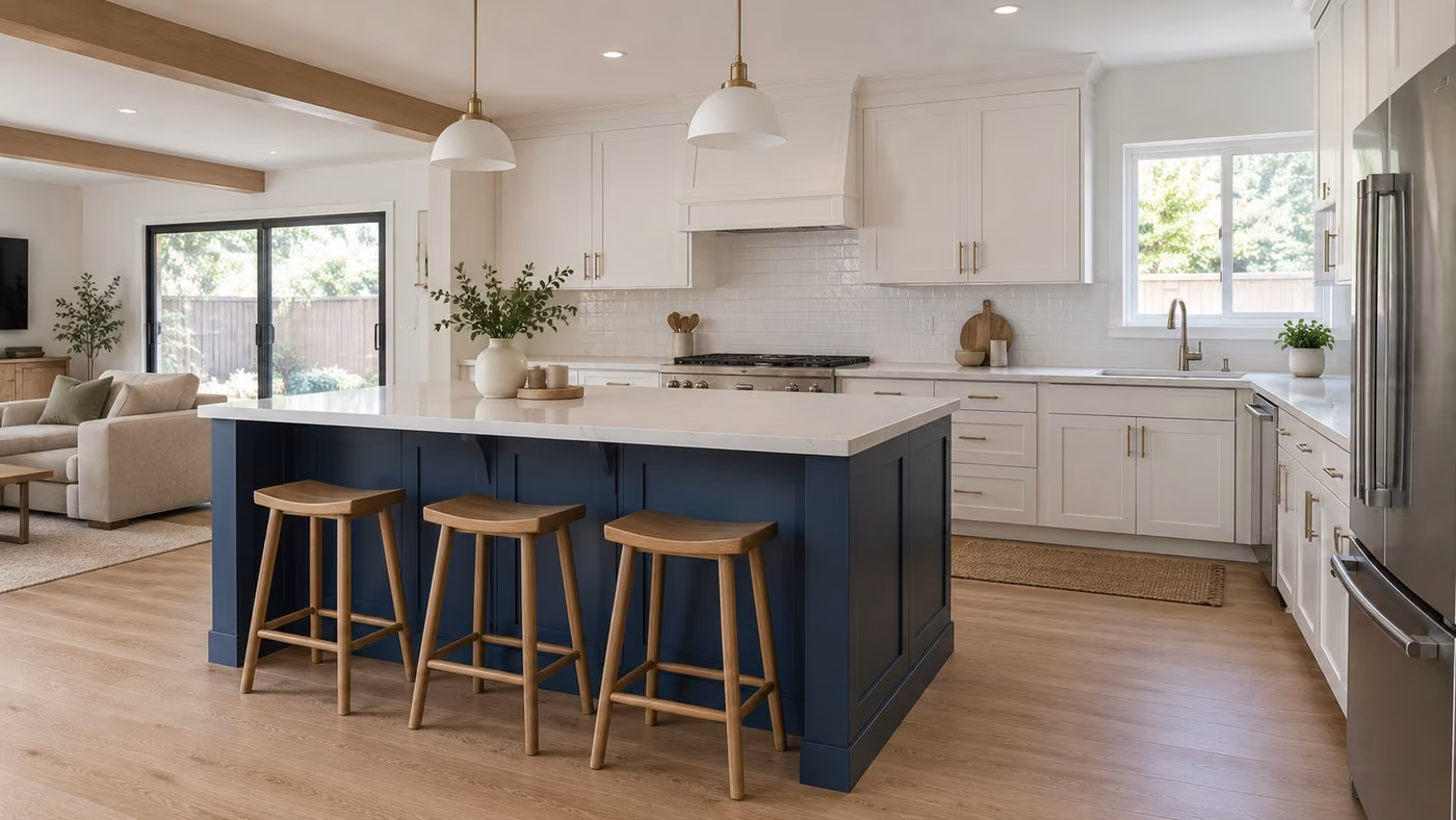A kitchen open to a living room, with a navy blue Shaker island, a white stone top, three wood stools, white Shaker cabinets with brass pulls and light wood flooring