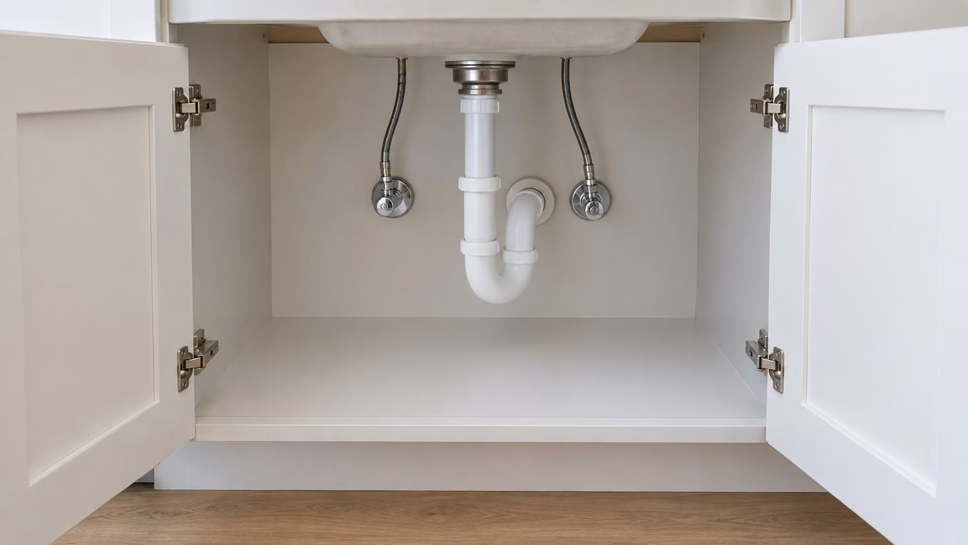 An open white sink cabinet showing a white plastic drain trap running into the back wall and two chrome shutoff valves with braided supply hoses