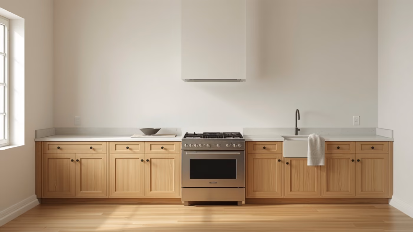 A kitchen with natural oak Shaker cabinets, a smooth plaster range hood, a pale matte counter and a single window